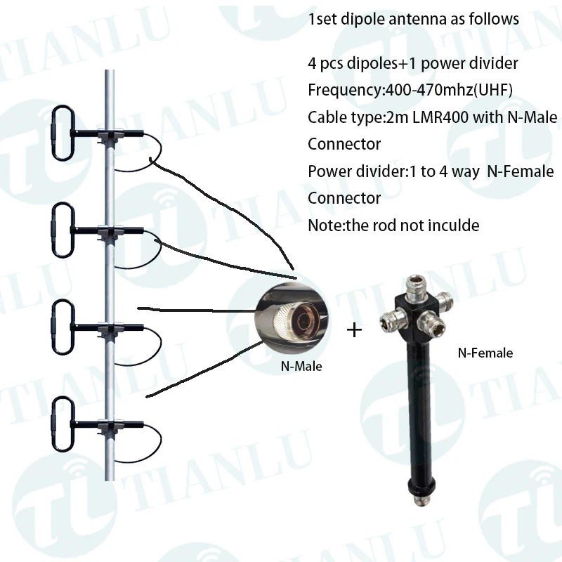 UHF 4 Dipole Antennas with 2m LMR400 cable N-male yagi Antenna and 1 to 4 way  power splitter N-Female connector  BZL