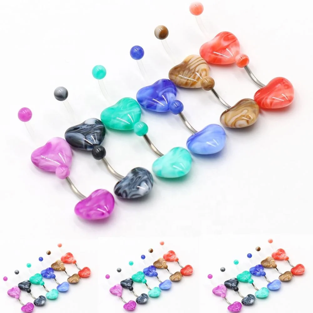 14 г разноцветные пикантные однотонные живота Бары, бижутерия для пирсинга, разноцветные плоские с оборота разноцветный Акриловый Сердце живота пупка кольца