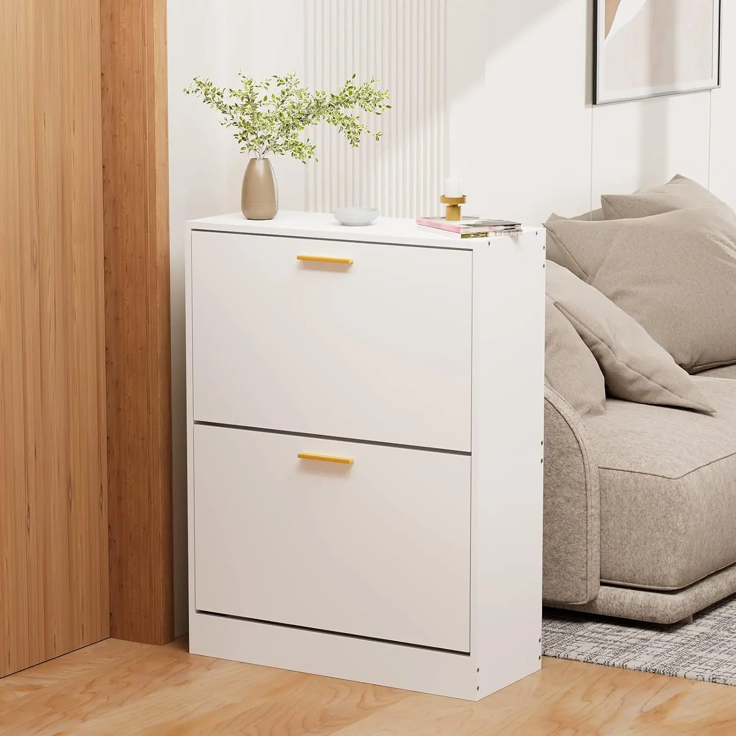 Shoe Cabinet for Entryway Narrow Shoe Storage Cabinet 2 Tier Freestanding Shoe Organizer for Entryway, Hallway