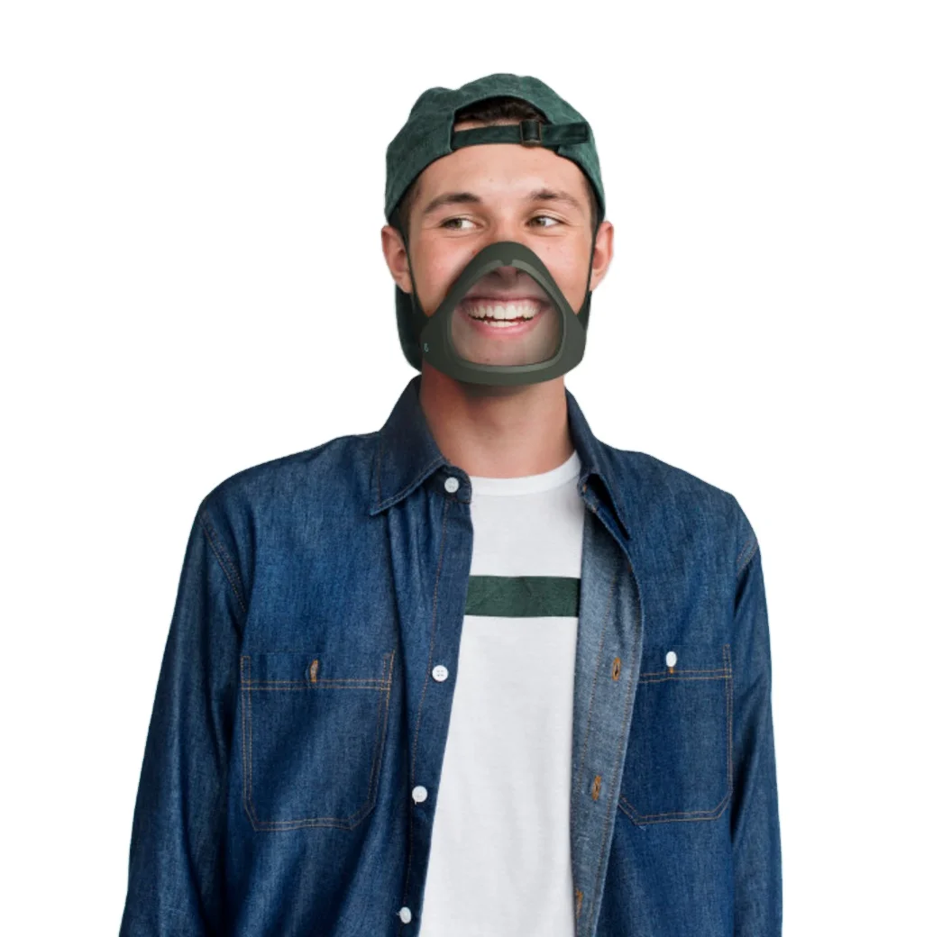 
Reusable smart clear mouth face covering with visible screen anti-fog system and magnetic frame 