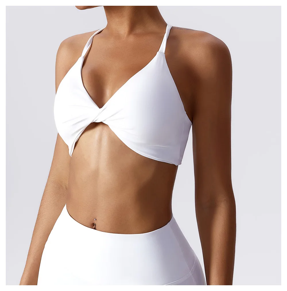 Summer 2023 Backless Women Sports Bra Cross Back Gym Activewear Twist Front Crop Top Fitness Thin Strap Sports Bra