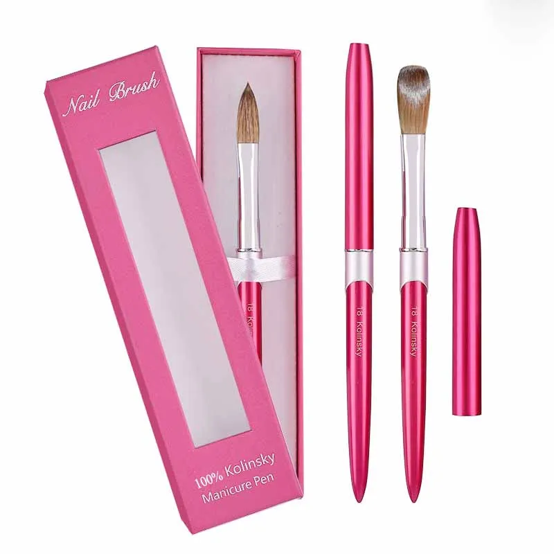 Custom Private Label High Quality Hot Pink Crimped 100% Nail Acrylic Kolinsky Brush For Acrylic Nails