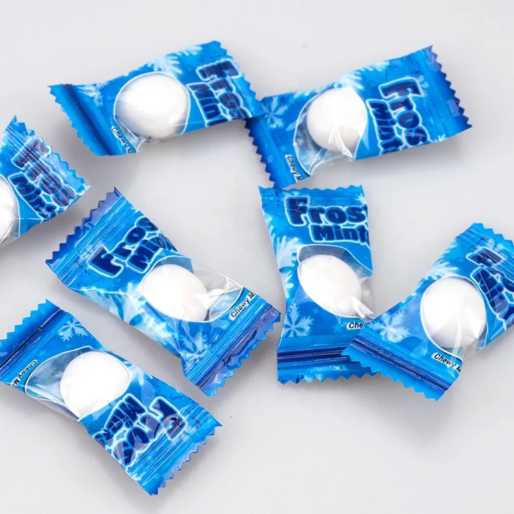 Wholesale candy factory Mint Flavor Sweet White Gummy Compressed Chew Jelly Candy Blue Packaging Wrapper surprise bonbon
