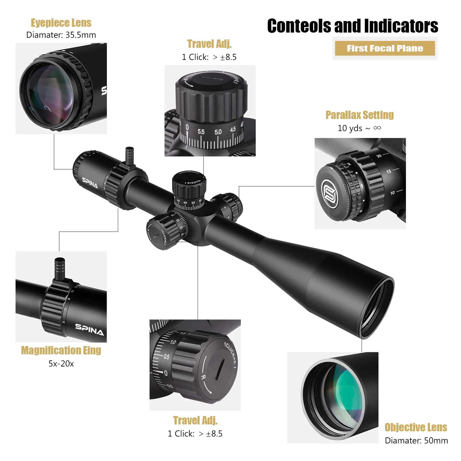 SPINA OPTICS 5-20x50 Zero Stop FFP Illuminated OEM ODM FMC Telescopic Sight for Hunting