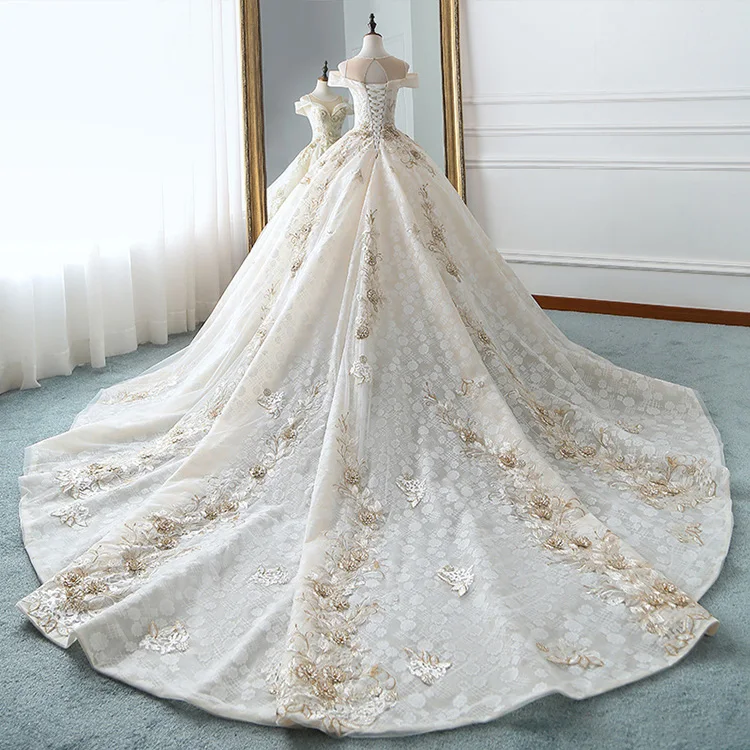 
Simple word shoulder champagne colored flower bride long tailed wedding dress ball gown 