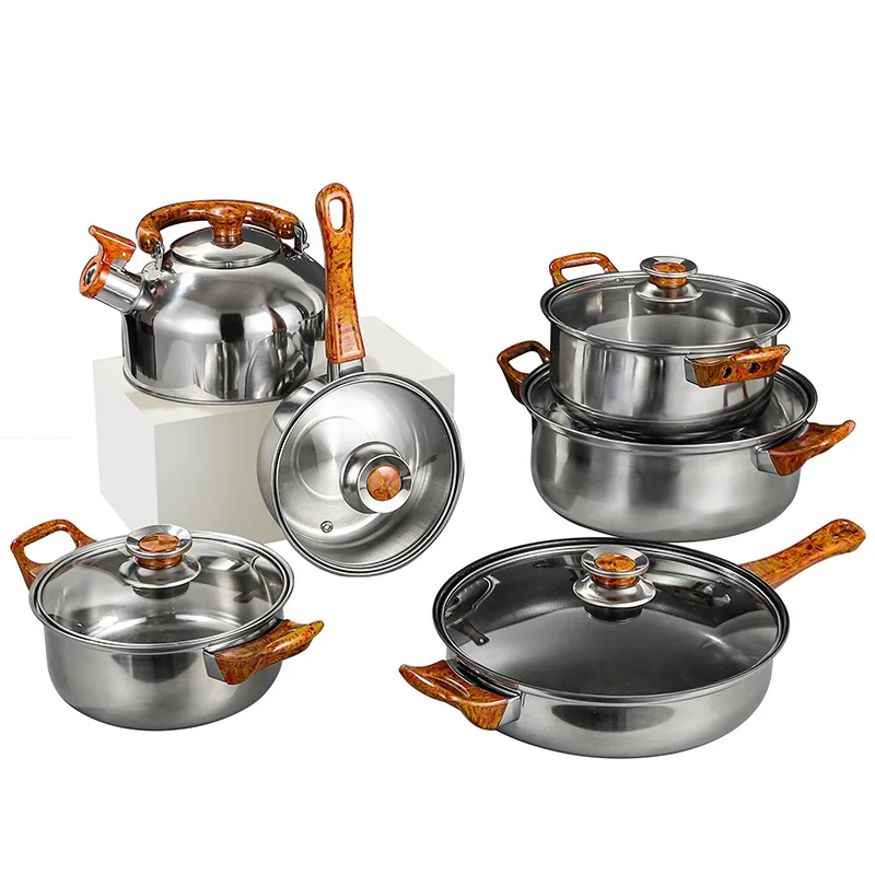 12-piece Pot Set Stainless Steel material with kettle Wood grain handle Non-coated Non-stick Frying Pan Kitchenware