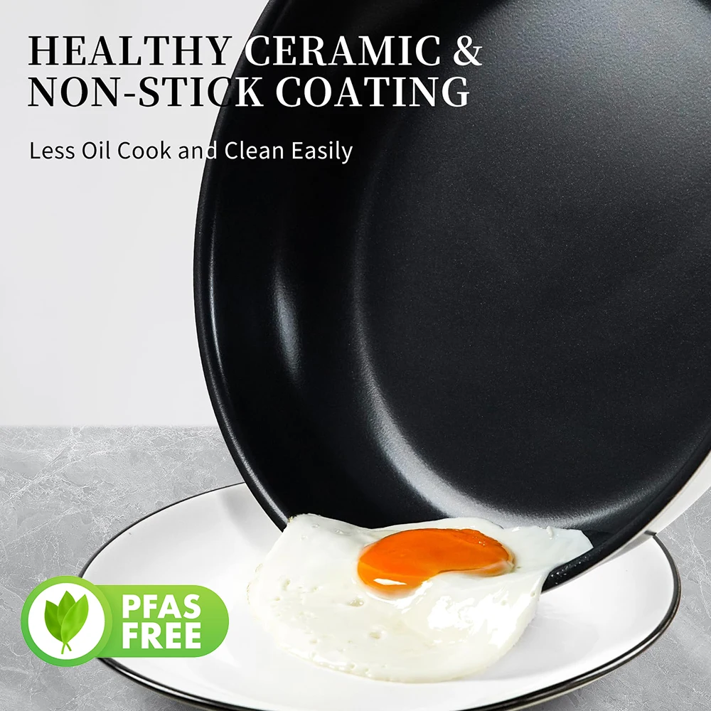 Kitchen Cookware Stainless Steel Ceramic Flat Frying Pan Kitchen Eco-friendly No Toxic Nonstick Saute Pans with Stay Cool Handle