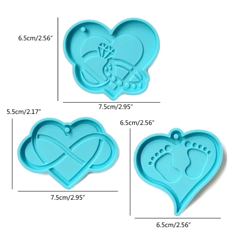 new fashion 3 Pcs DIY Love Heart Keychains Necklace Pendant Epoxy Resin Silicone Mould Mold