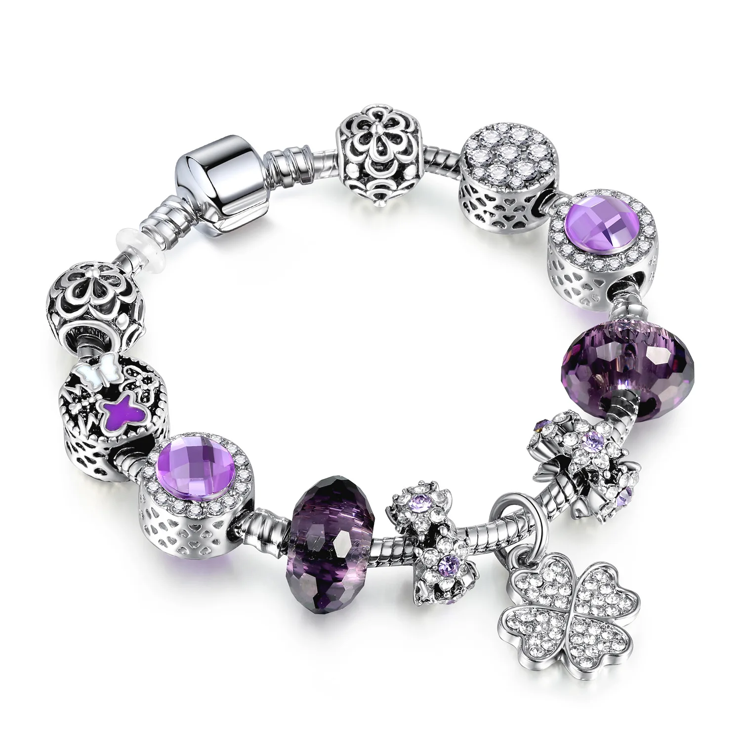 QLAA111 Charm Girl Silver Alloy Purple Big Beaded Crystal Clover Drop Bracelet