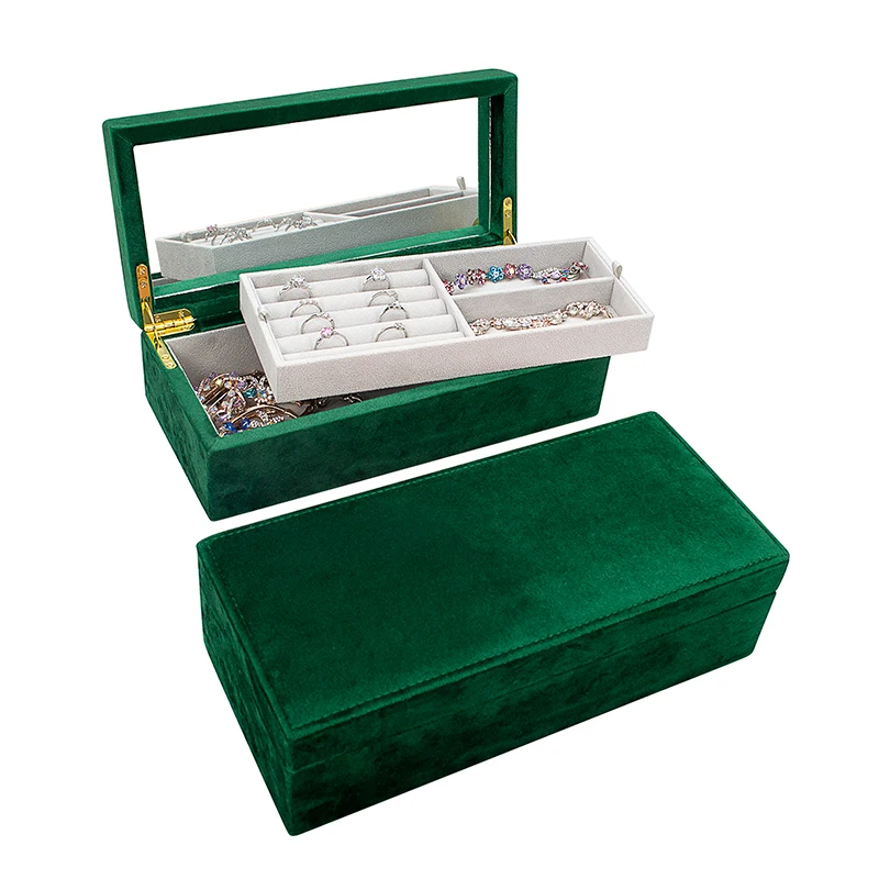  Luxury Velvet Jewellery Jewlery Storage Mirror Boxes Large High Capacity Portable Rectangle Green Bracelet Jewelry Jewely
