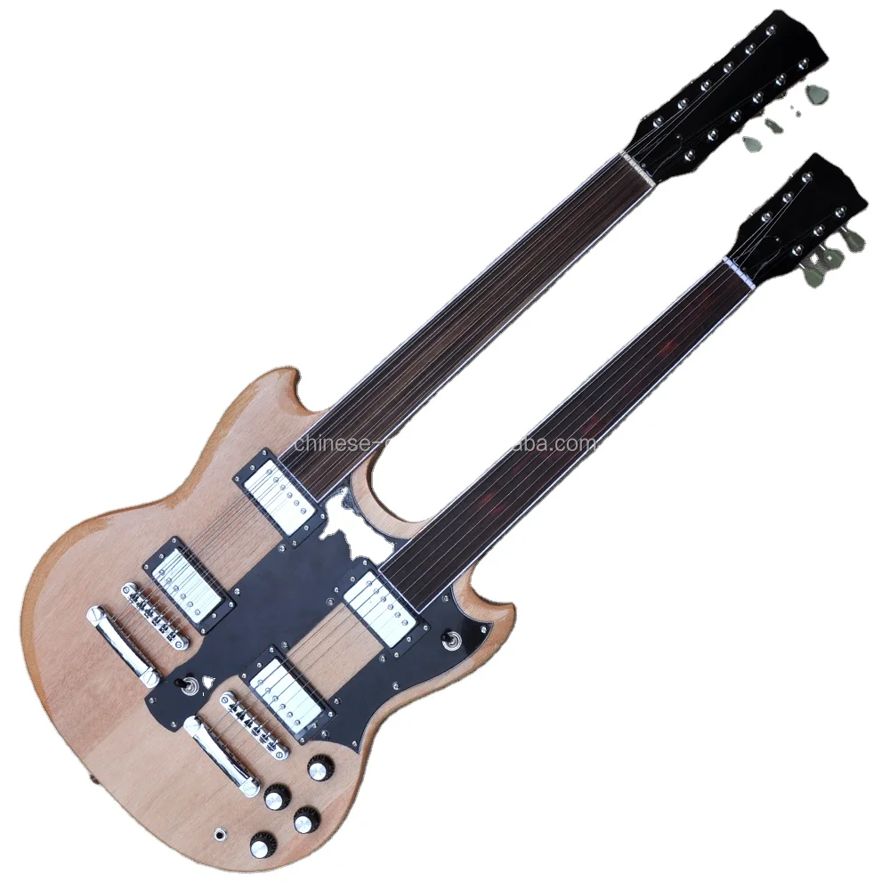Flyoung Natural wood color Cheap Price Double Neck 6 + 12 Strings Electric Guitar Fretless Guitar