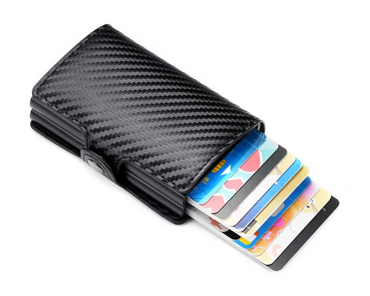 Carbon fiber PU leather single  aluminum alloy box wallet RFID metal card holder creative automatic pop-up wallet