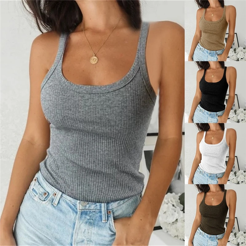 Casual Solid Color Basic Sleeveless Spaghetti Vest Women Knitted Camis U-neck Tank Tops Camisole For Female Plus Size