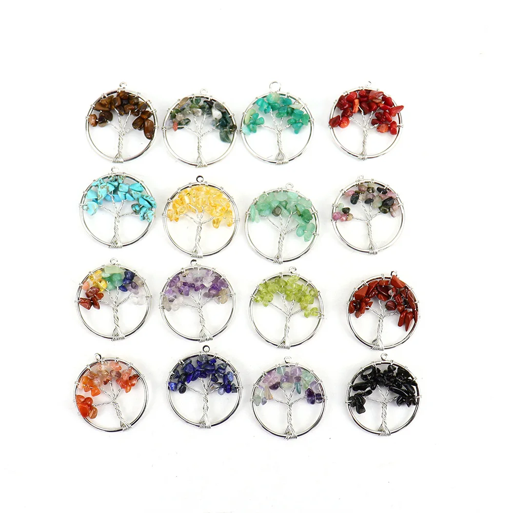 Wholesale Crystal Natural Stone 3CM Wire Wrapped gravel Tree of Life Pendant Necklace Healing Gemstone Pendants Jewelry