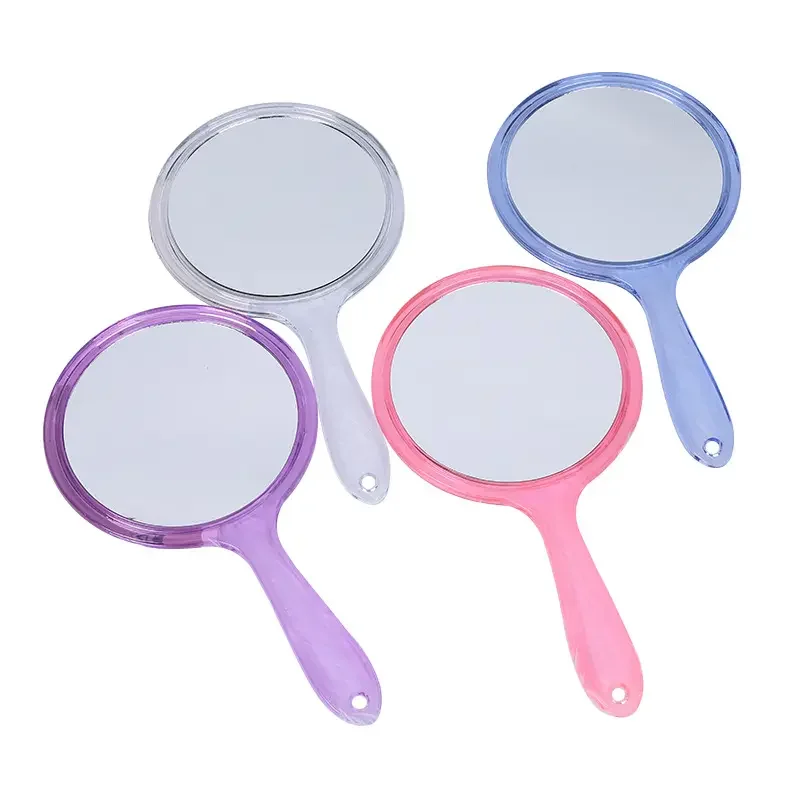 Factory Direct Sales HD Double Side Round Sided/handheld Handle Portable Magnify Plastic Lady Makeup Mirror for Bathroom