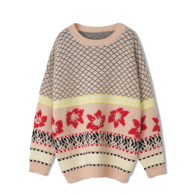 Factory wholesale french style vintage argyle pattern lazy sweater beading craft coat knit sweater for women