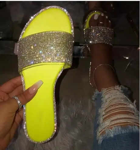  Wholesale new design custom women slide shoes flat sandals rhinestone summer