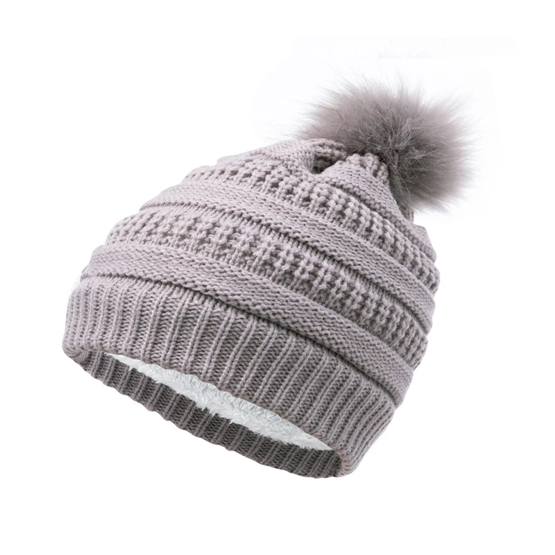 Kids Winter Embroidery Children Hat Custom Logo Baby Pom Pom Beanie Hats Beanies Fleece Lined Faux Fur Pom Warm Knit Skull Cap