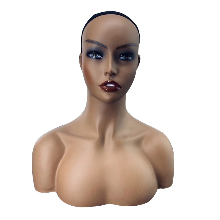 Women Pvc Material Double Shoulder Bald Black Mannequin Head With Shoulders For Wigs