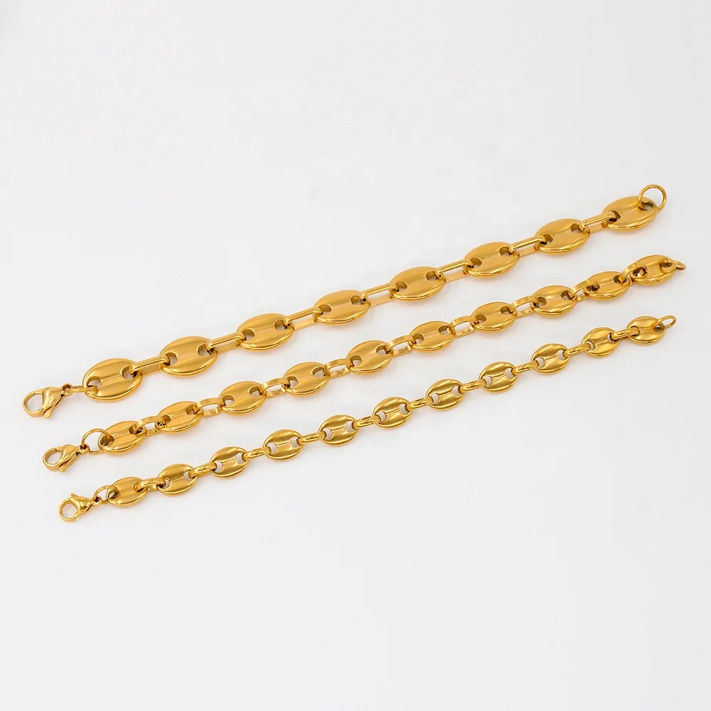 Wholesale Custom Fashion Jewelry Stainless Steel 18K Gold Plated Coffee Bean Pig Nose Puff Mariner Chain Bracelet For Women Men