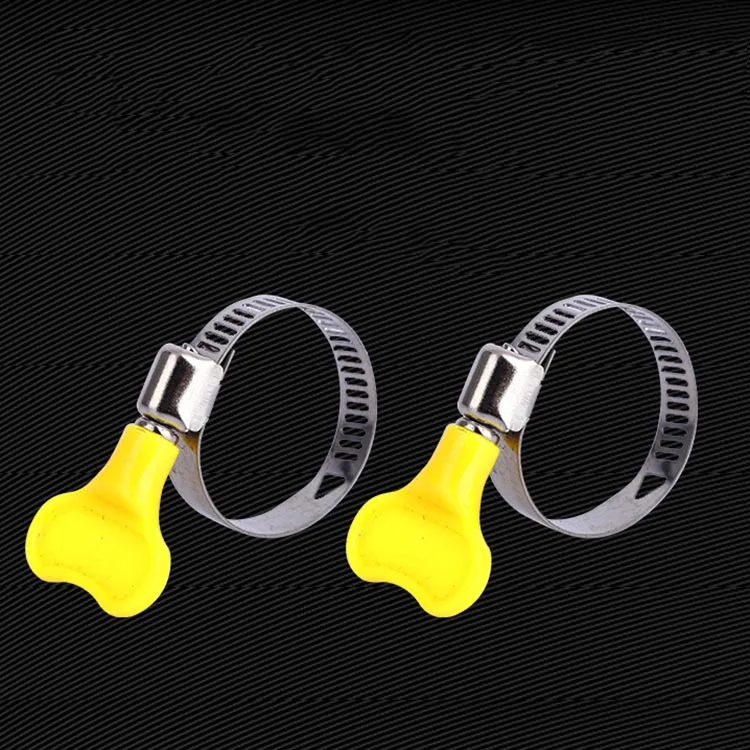 
Different sizes of plastic handle hose clamps are used for water pipes 
