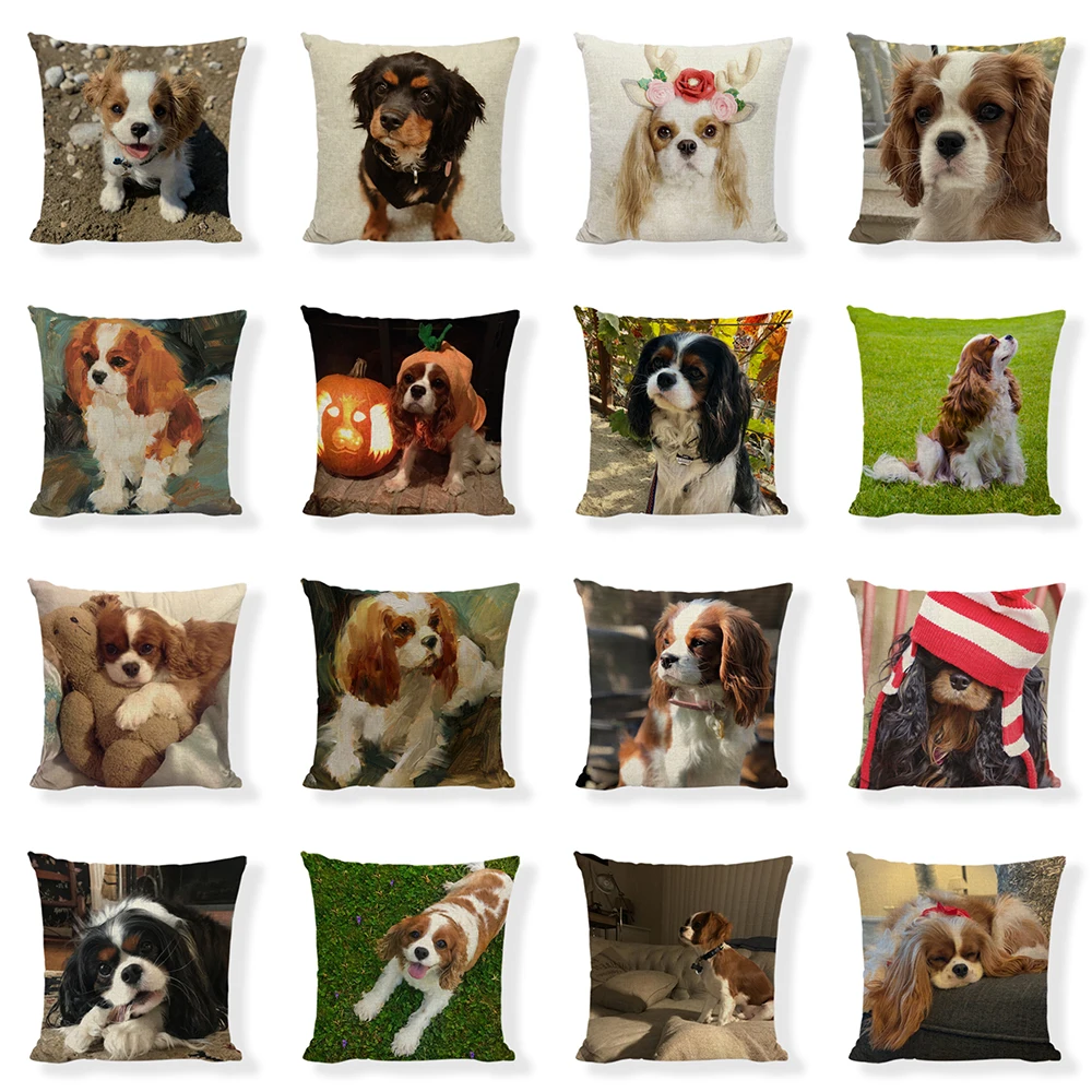 Luxurious Cushion Cases  Cavalier King Charles Spaniel 45X45 With Zipper Linen Dog Decor Pillows Cases For Sofa