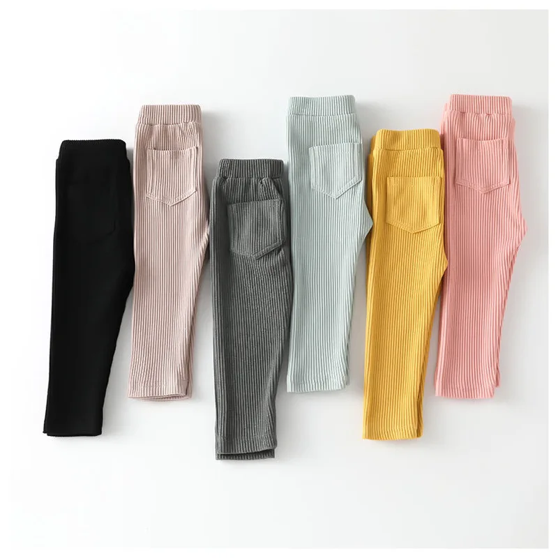 Spring Autumn Children Thin Trousers Baby Girls Cotton Pocket Big PP Solid Color Elastic Long Pants Kids Leggings