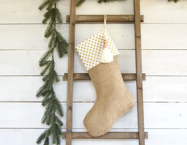 Gold Polka Dot Burlap Christmas Stocking For Girls Beautiful Stocking Xmas Family Decoration