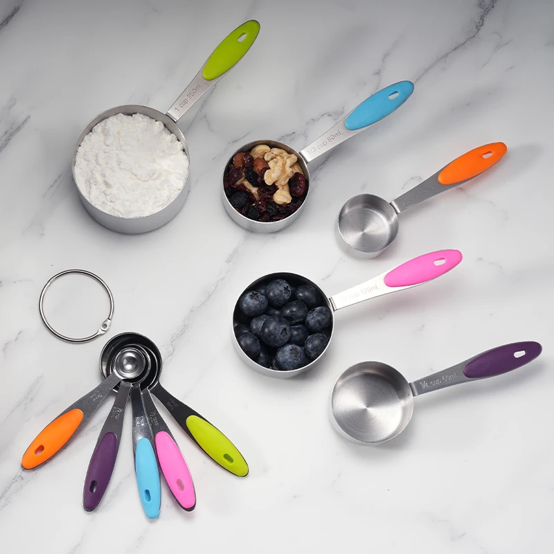 In Stock 10 PCS Stainless Steel Silicone Handle Coloured Measuring Cups And Spoons Set For Powder And  Spice