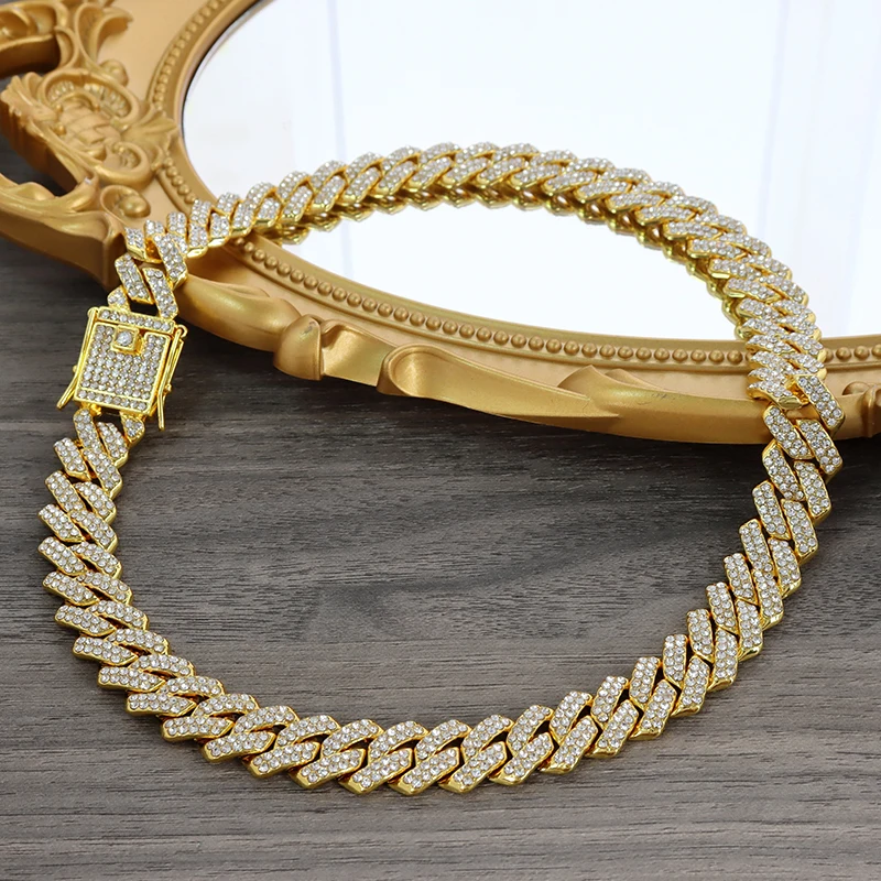2024 New Rappers Hip Hop Jewelry Fashion 12mm Cuban Link Chain Gold Silver Plated Full Diamond Iced Out Cuban Necklace For Men