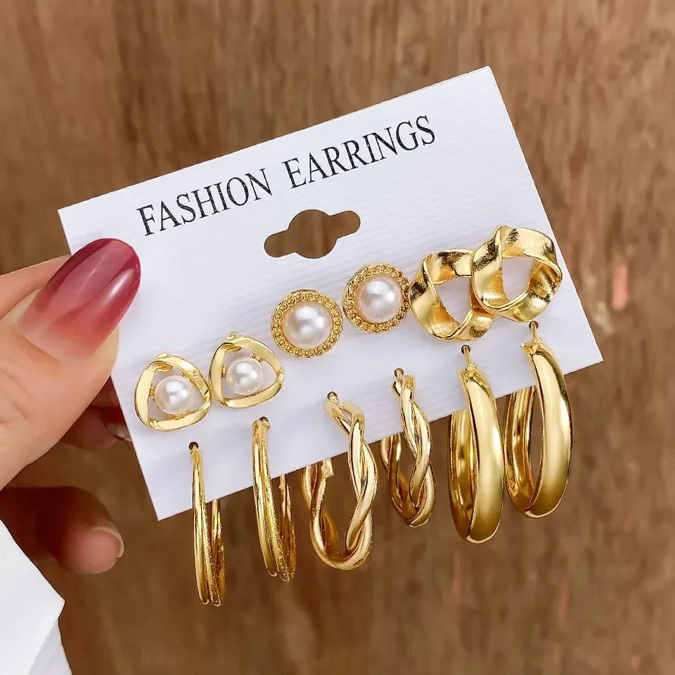 New Fashion Heart Pearl Gold Plated Big Hoop Earrings Set For Women Jewelry