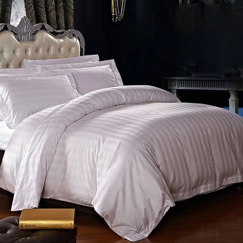 Hotel stripe custom size king queen bed sheets set - 4 piece white cotton duvet cover set bed linen