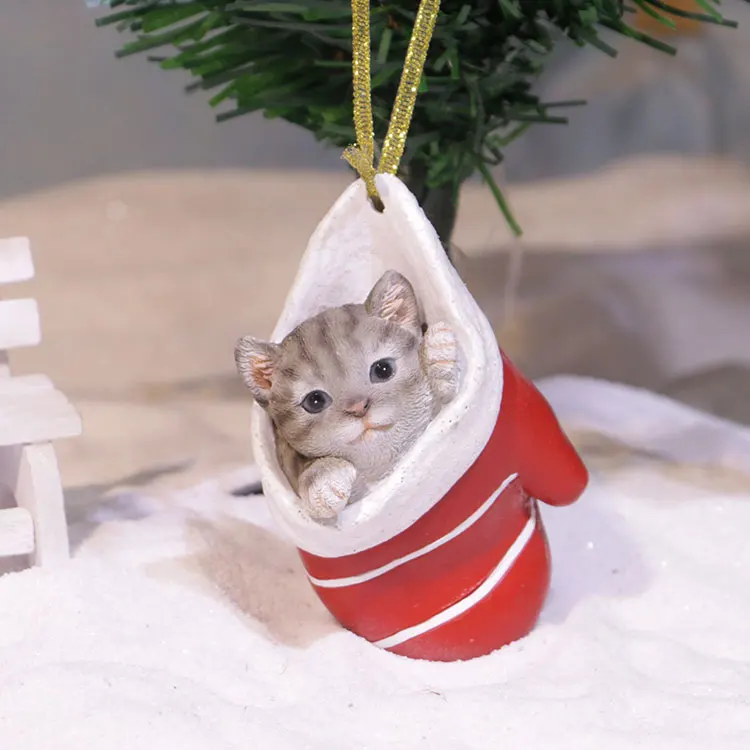 Polyresin decorative cat figurin and statu, hanging xmas resin cat ornament for christmas tree/