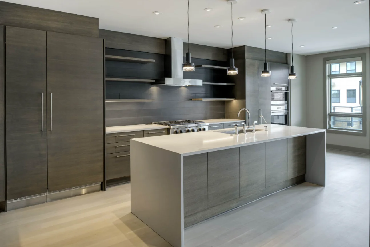 American Contemporary Modern Mid-Size L-Shape Kitchen With Customized  Wood Grain Gray Glossy Kitchen Cabinets
