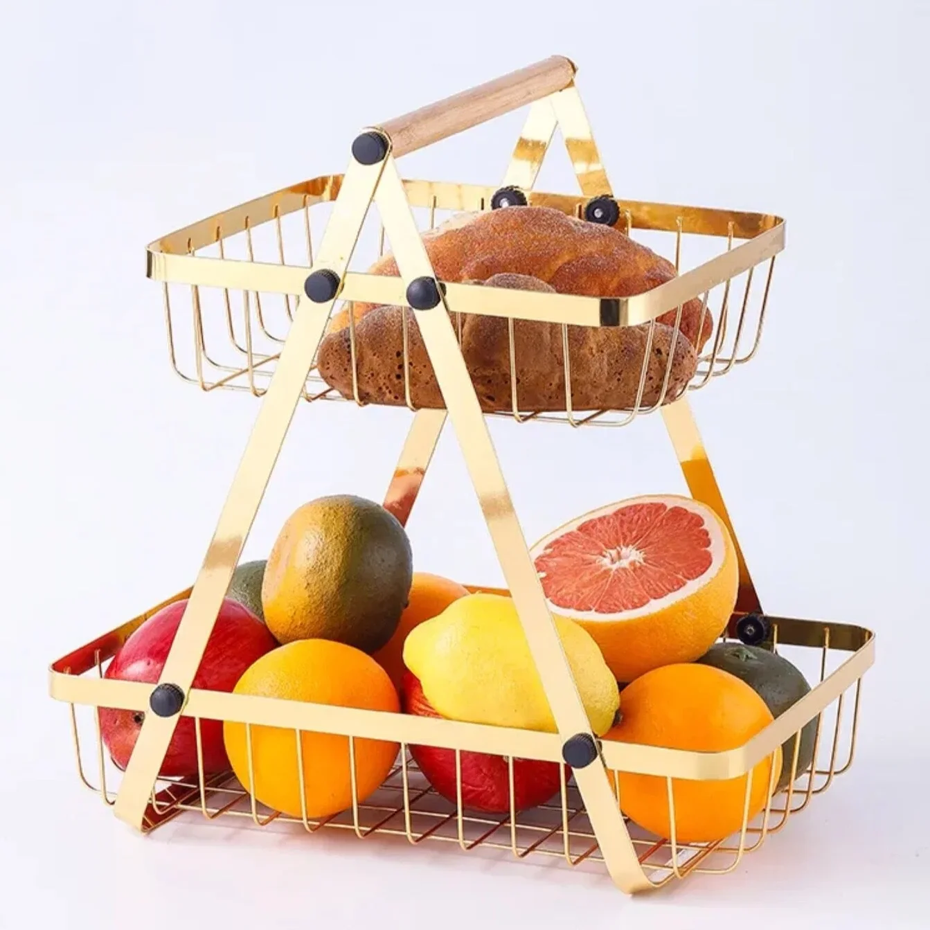 Black Metal Wire Countertop 2-Tier Fruit Basket Bowl with Banana Hanger for Kitchen