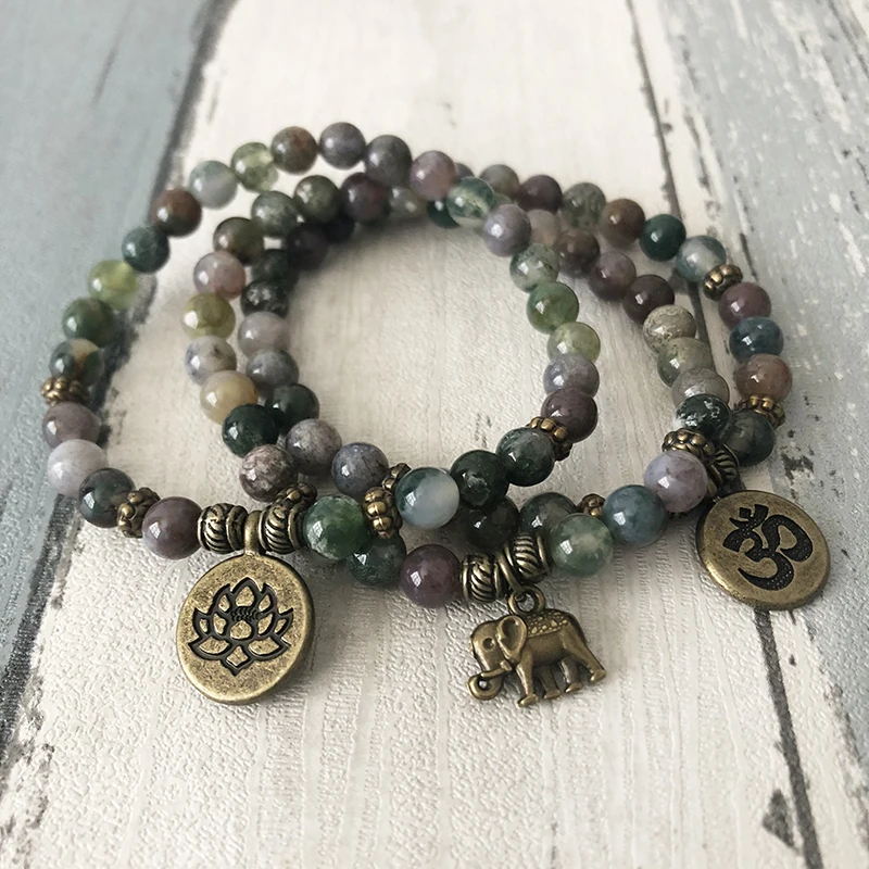 6MM India Agate Stone Beaded OM Lotus Elephant bracelet Mala Bracelets Yoga Reiki Bracelet