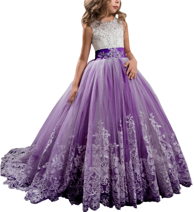 purple  flower girl dresses for 7 years old organza ball gown kids little princess girls party dresses