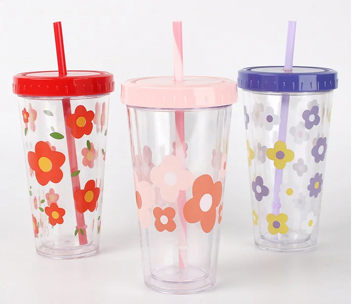 Wholesale New Double Plastic Straw Cup  PVC Pattern Coffee Cup With Cover Cup