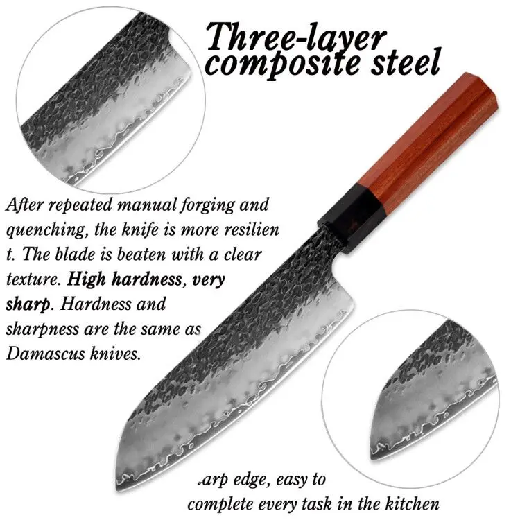 Octagon Wood Handle 7 Inch High Carbon 3 Layer 9Cr18mov Stainless Steel Kitchen Santoku Knife