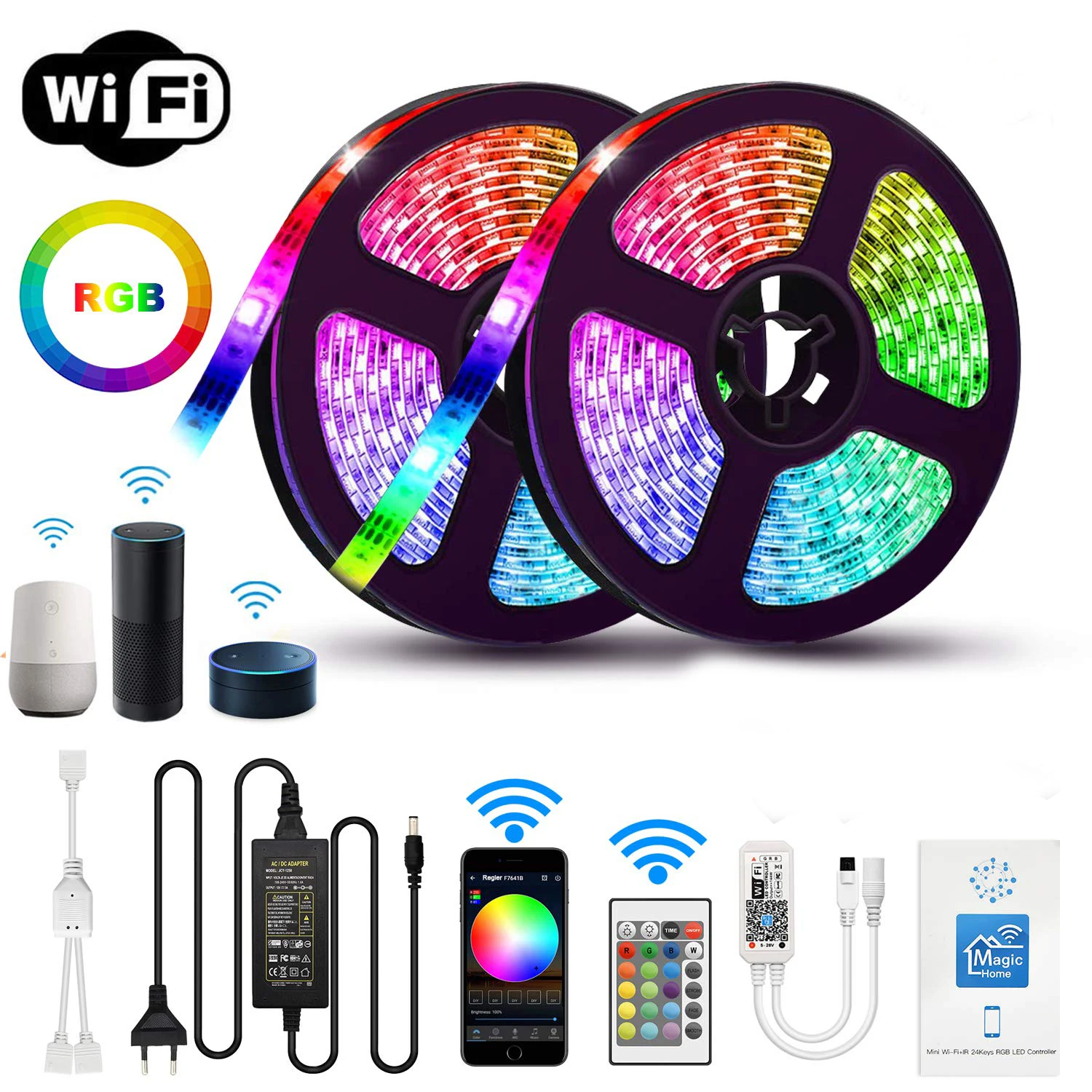 30leds 60leds multi full color IP65 RGB led strip kit with 44key remote controller DC12V power adapter