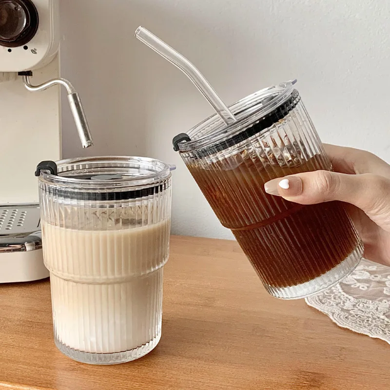 Portable Classical Ribbed Glass Tumbler Cup With Straw And Lid Vertical Stripes Glass Coffee Mug