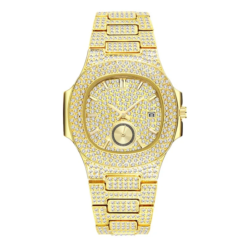 Mens Watches Top Brand Luxury MISSFOX NEW Trending 18K Gold Watch Men Chronograph Waterproof Big Hublo Steel Full Diamond Watch