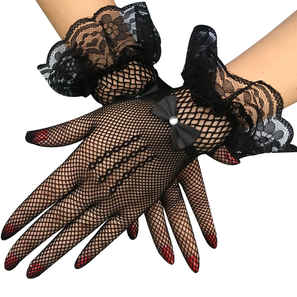 MIO Ladies Short Wedding Bridal Gloves Black Nylon Fishnet Mesh Elastic Gloves Elegant Bow Tie Rhinestone Lace Wrist Gloves