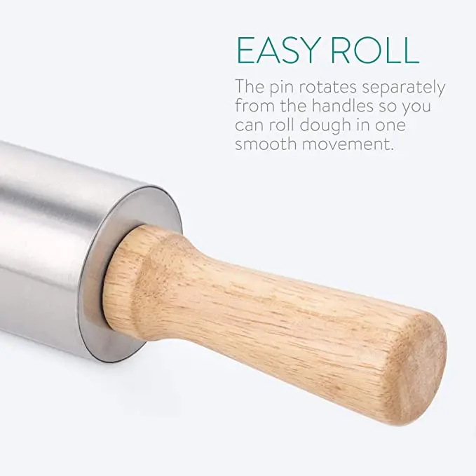 Stainless Steel Rolling Pin Non Stick Metal Roller with Wood Handles for Baking Cooking Cookies Biscuits Pizzas