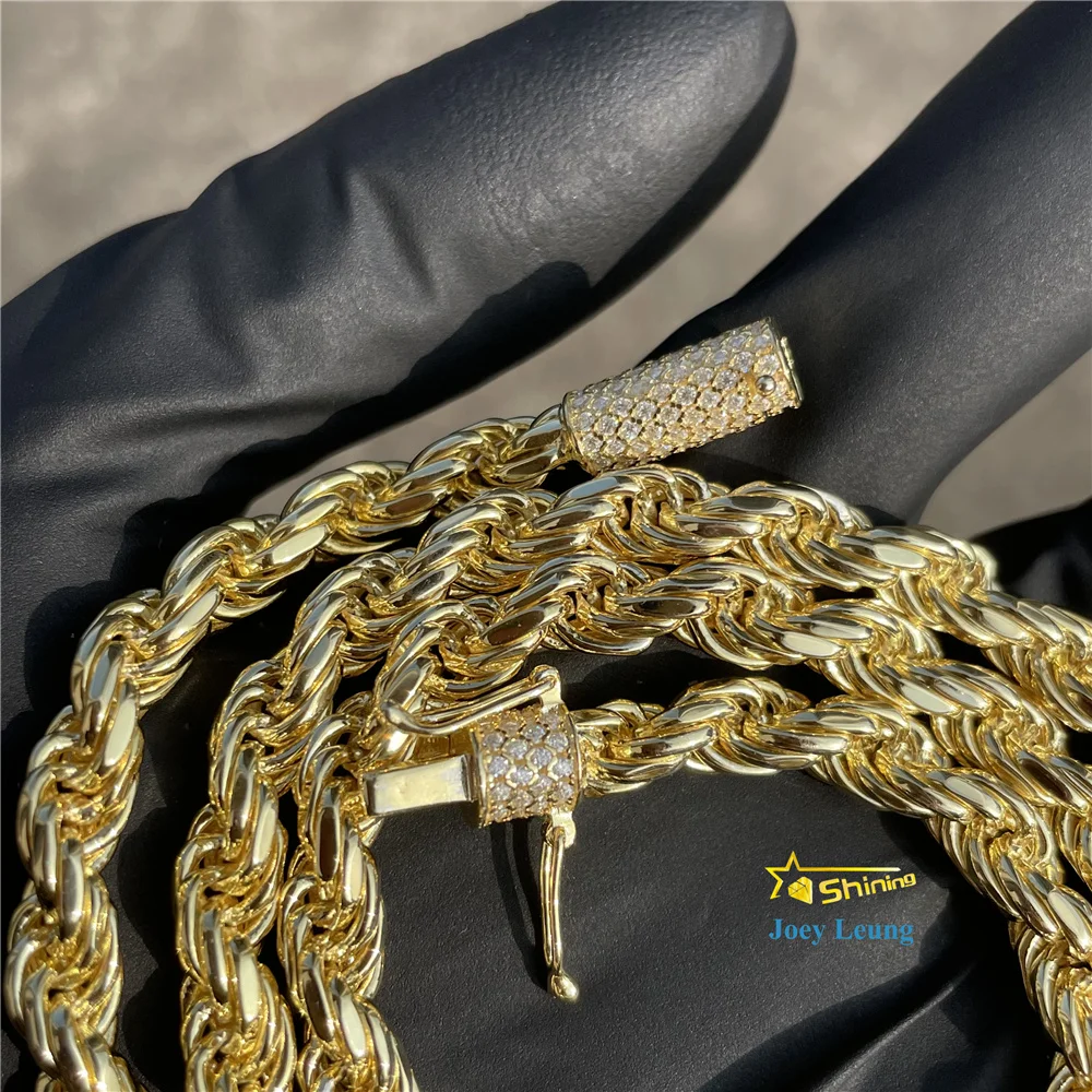 Ready To Ship Hip Hop Jewelry 6.0mm Rope Chain 18K Gold Plated VVS Moissanite Diamond Necklace 925 Sterling Silver Rope Chain