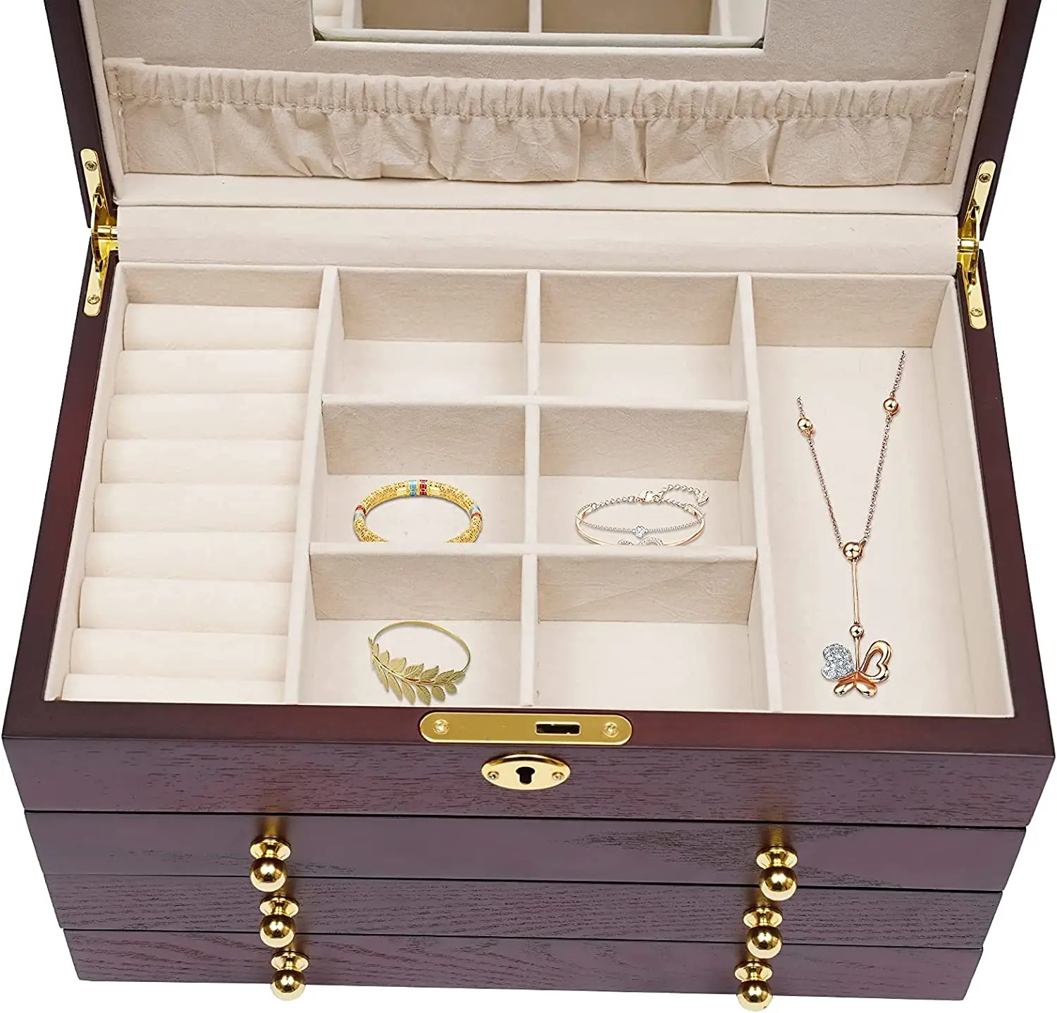 Деревянная шкатулка для ювелирных изделий винтажный органайзер хранения ожерелий и колец из массива дерева с зеркалом оптовая продажа