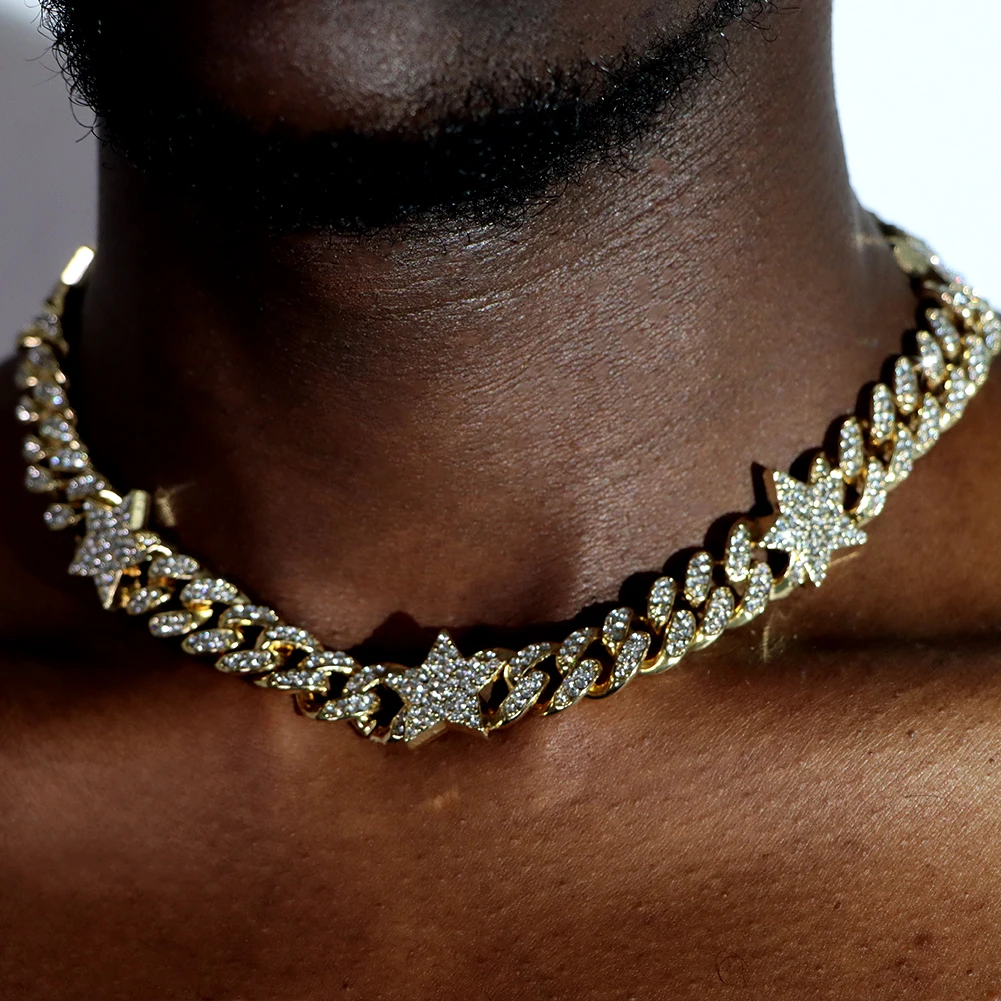Fashion Icy Cuban Chain Star Charms Necklace Iced Out CZ Diamond Miami Cuban Link Chain Choker Necklace For Men