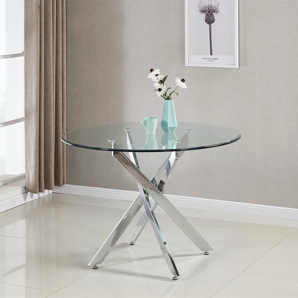Clear Tempered Glass Round Dining Table silver stainless steel modern dining room table in Chromed Feet