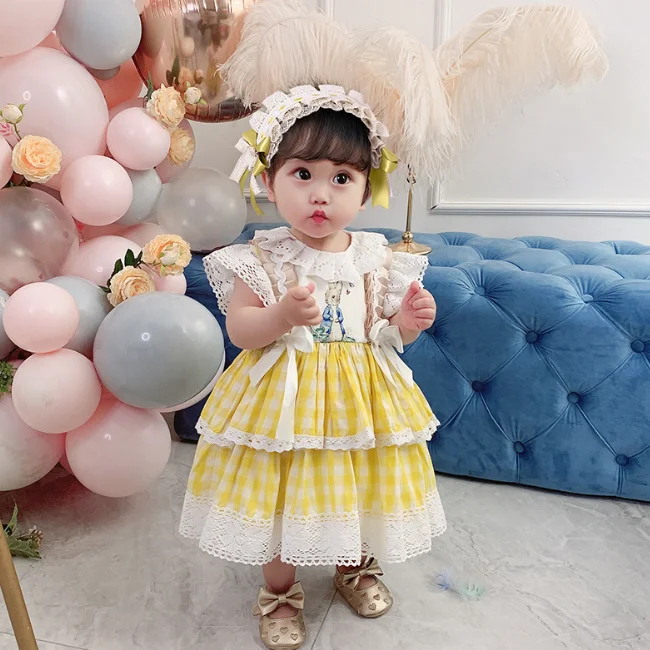 PHB 11704 yellow color cute bunny design children girls dress clothing in spain