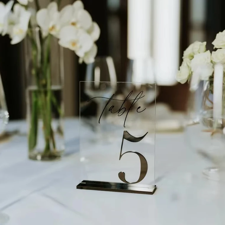 wedding party decor custom luxury frosted 3D silver place card holder stand BLACK rectangle arch acrylic table number
